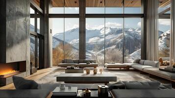 A Modern Living Room with Snowcapped Mountain Views and Cozy Fireplace photo