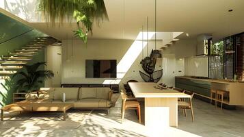 A Modern Home Interior Featuring Olive Green Accents and a Sophisticated Dining Area with Design and Natural Lighting photo