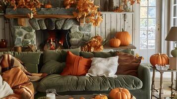 otoño vivo habitación adornado con otoño decoración creando un acogedor y atractivo atmósfera foto