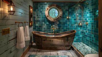 Vintage Nautical Theme Bathroom with Weathered Wooden Tub and Blue Glass Tiled Walk-In Shower photo