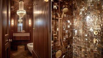 Arte deco nuez baño con cristal losas y oro acentos foto