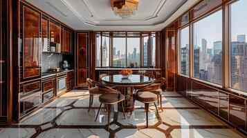 Art Deco Kitchen in Luxury Apartment with City Views and Warm Walnut Patterns photo