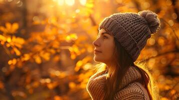 Autumn Serenity Peaceful Woman Basks in Golden Forest Foliage Warmth photo