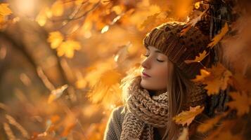 otoño serenidad pacífico mujer abrazando el dorado matices de un tranquilo bosque foto