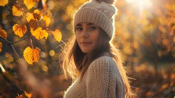 pacífico mujer toma el sol en otoño soles calor en medio de dorado bosque follaje foto