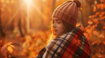 Autumn Serenity Woman Basking in Suns Embrace with Plaid Blanket in Fiery Forest photo