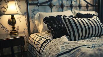 Vintage Iron Bed Adorned with Lacy Pillows in a Timeless Victorian-era Bedroom photo