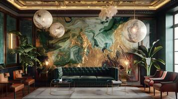 Art Deco Wall Mural of Abstract Marble and Gold Accents Adorns Luxurious Interior Design photo