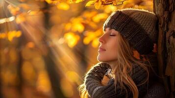 Autumn Tranquility Woman Embracing Solitude in Golden Sunlight and Rustling Leaves photo