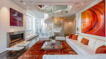 Trendy City Flat Reveals Chic Fireplace and Artistic Spiral Staircase photo