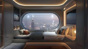 Urban Luxury A High-End Hotel Room with Voice-Controlled Smart Home Technology and Breathtaking Views photo