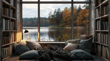 Tranquil Reading Nook Overlooking Serene Lake Inviting Sanctuary for Mindful Reflection photo