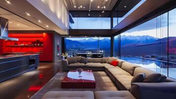 ultramoderno vivo habitación abre a alta tecnología con detalles en rojo cocina con montaña vistas foto