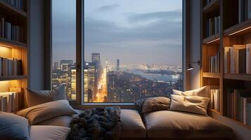 Tranquil Urban Sanctuary A Cozy Reading Nook Overlooking a Vibrant Cityscape photo