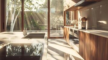 Ultra-Modern Kitchen with Walnut Veneer and Eco-Friendly Glass Windows Basking in Sunlight photo
