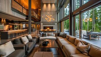 Ultimate Luxury Lounge Melding into a Stylish Culinary Zone Amidst Serene Forest Panoramas photo