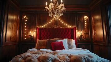 Tufted Headboard Elegance A Luxury Bedroom Sanctuary Adorned with Vintage Chandelier and Enchanting Fairy Lights Integrated into Woodwork photo
