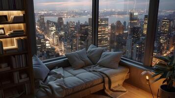 Tranquil Retreat A Cozy Reading Nook Overlooking an Urban Skyline photo