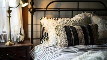 Vintage Iron Bed Adorned with Lacy Pillows in a Nostalgic Victorian-Era Bedroom photo