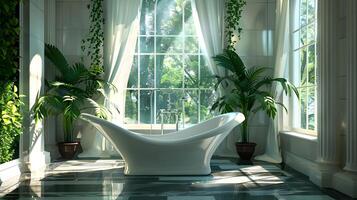 Ultramodern Bathroom Sanctuary Sculptural Bathtub Basks in Verdant Panorama photo