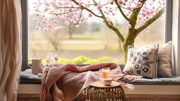 Tranquil Reading Nook Overlooking Blossoming Orchard A Haven of Relaxation and Peace photo