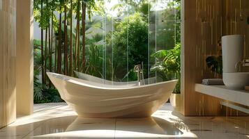 Ultramodern Bathroom Oasis Sculptural Bathtub Amidst Verdant View photo