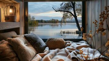 Tranquil Reading Nook Overlooking Serene Lake Inviting Retreat for Focus and Rejuvenation photo