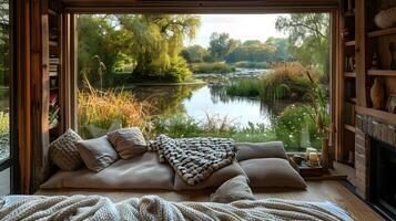 Tranquil Reading Hideaway Serene Nook Overlooking a Quiet Pond photo