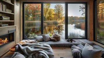 Tranquil Reading Nook Overlooking a Quiet Pond A Cozy Haven of Solitude and Literary Delights photo