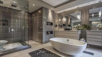 Ultramodern Bathroom Design with Lavish Stone Freestanding Tub and Energy-Efficient Lighting photo