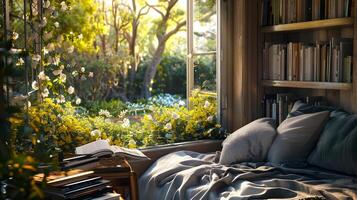 Tranquil Reading Nook A Peaceful Sanctuary Amidst Lush Greenery photo