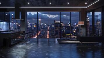 Ultramodern Apartment Vista A Dazzling Display of City Lights Against a Backdrop of Moody Graphite Walls photo