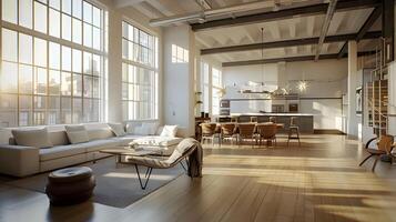 Trendy Urban Loft Exposition - An Elegant Fusion of Illuminated Living and Dining Spaces photo