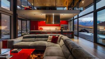 Ultra-Modern Living Room Opens to High-Tech Red-Accented Kitchen with Mesmerizing Mountain Vistas photo