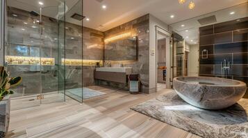 Ultramodern Bathroom Design with Luxurious Stone Freestanding Tub and Spa-inspired Shower photo