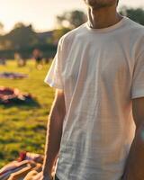 Young Adult man model in Blank white T Shirt for design mockup photo