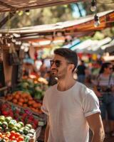 Young Adult man model in Blank white T Shirt for design mockup photo