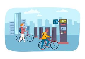 Cartoon Color Characters People and Bike Rental in Town Afternoon Concept vector