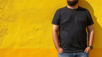 Big size fat adult man model in Blank black T Shirt for design mockup photo