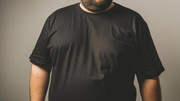 Big size fat adult man model in Blank black T Shirt for design mockup photo