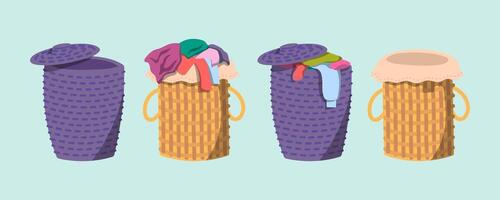 Cartoon Color Wicker Basket with Laundry and Empty Set vector