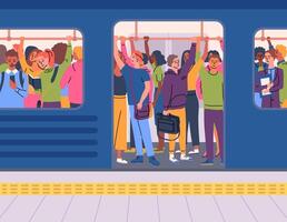 Cartoon Color Characters People Standing Inside Crowded Subway Train Concept vector