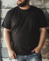 Big size fat adult man model in Blank black T Shirt for design mockup photo