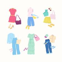 dibujos animados ropa hembra diferente estilo verano combo conjunto vector