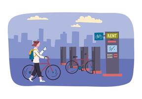 Cartoon Color Characters People and City Bike Rental Dusk Concept. vector