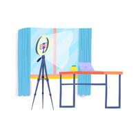 Cartoon Color Led Ring Lamp and Table with Laptop Background. vector