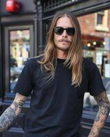 Black Tshirt mockup, featuring a rebel look male model photo