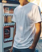 joven adulto hombre modelo en blanco blanco t camisa para diseño Bosquejo foto