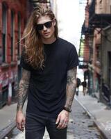 Black Tshirt mockup, featuring a rebel look male model photo