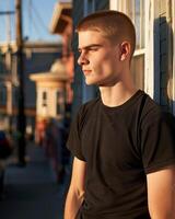 Young Caucasian Adult in Blank Black T Shirt photo